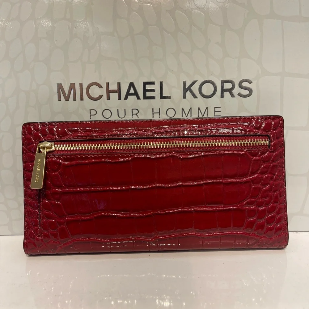 MICHAEL KORS Carson Large Snap Crocodile Embossed Bifold Wallet Cherry  NWT